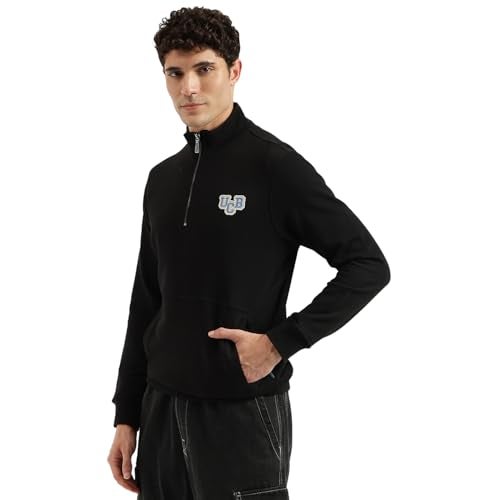 United Colors of Benetton Regular Fit Mock Neck Solid Terry Sweatshirt (Size : L) - 25A3P29J3457I100 Black - Image 2