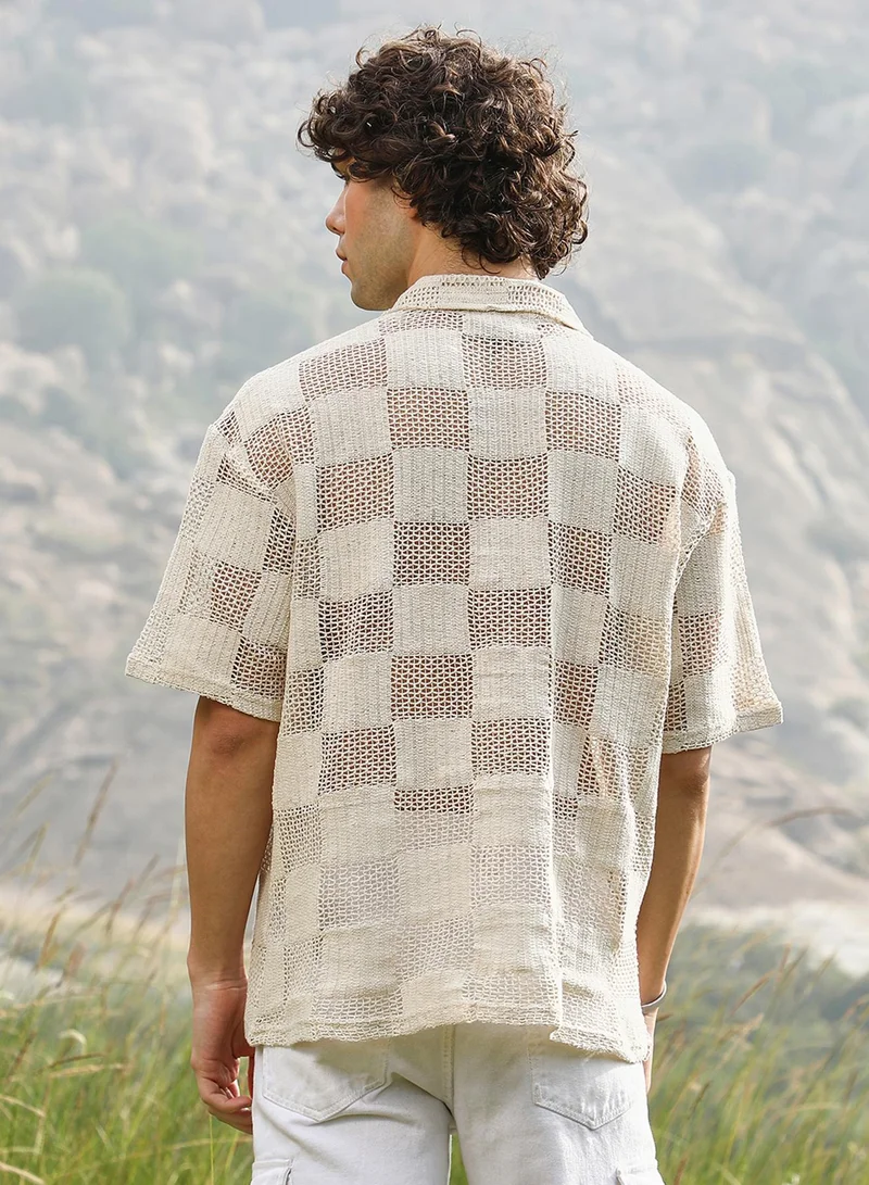 Campus Sutra Men's Off-White Grid Oversized Polo T-Shirt