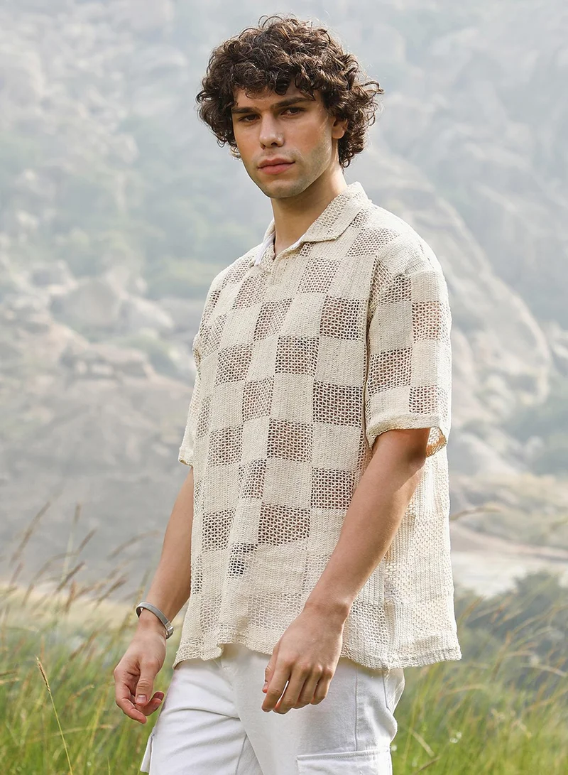 Campus Sutra Men's Off-White Grid Oversized Polo T-Shirt