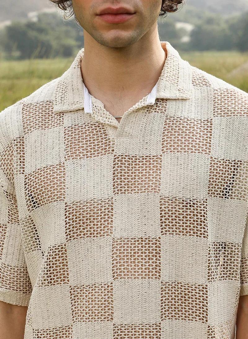 Campus Sutra Men's Off-White Grid Oversized Polo T-Shirt