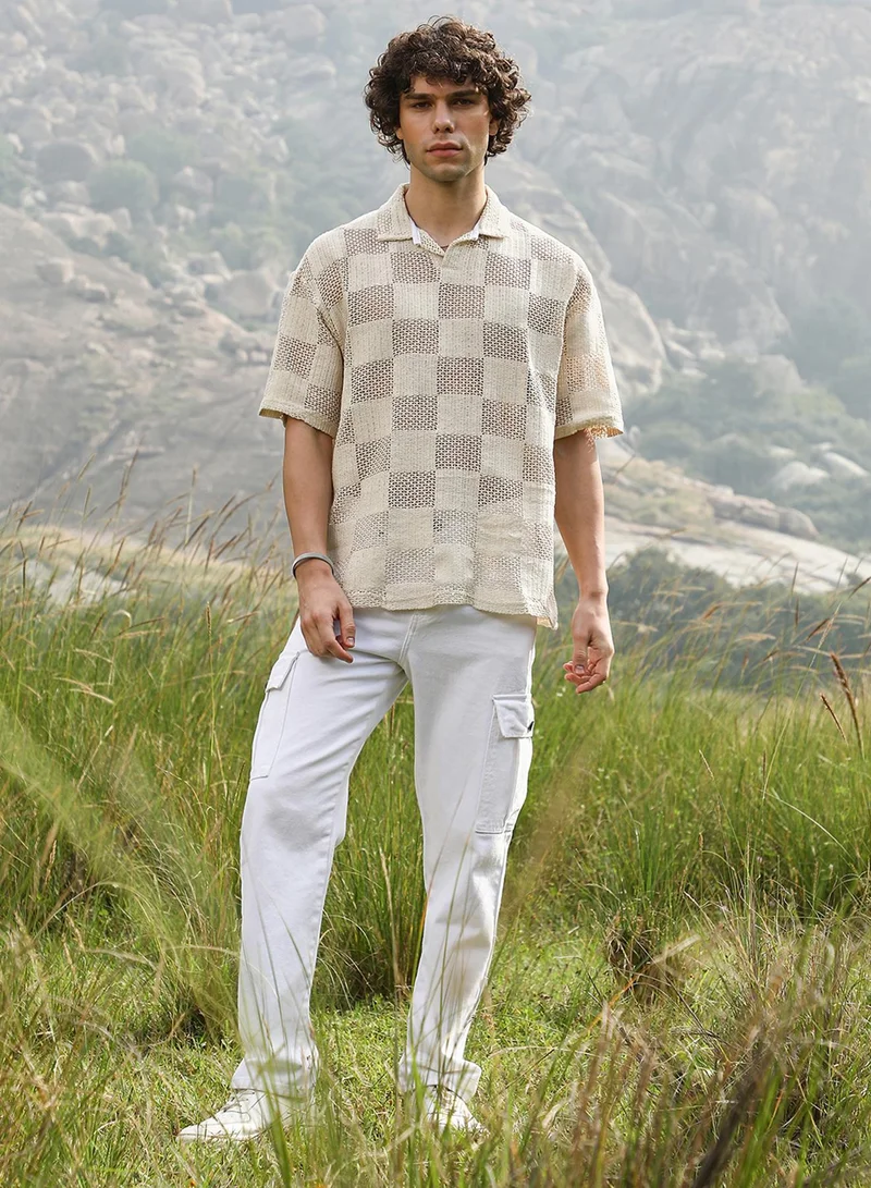 Campus Sutra Men's Off-White Grid Oversized Polo T-Shirt