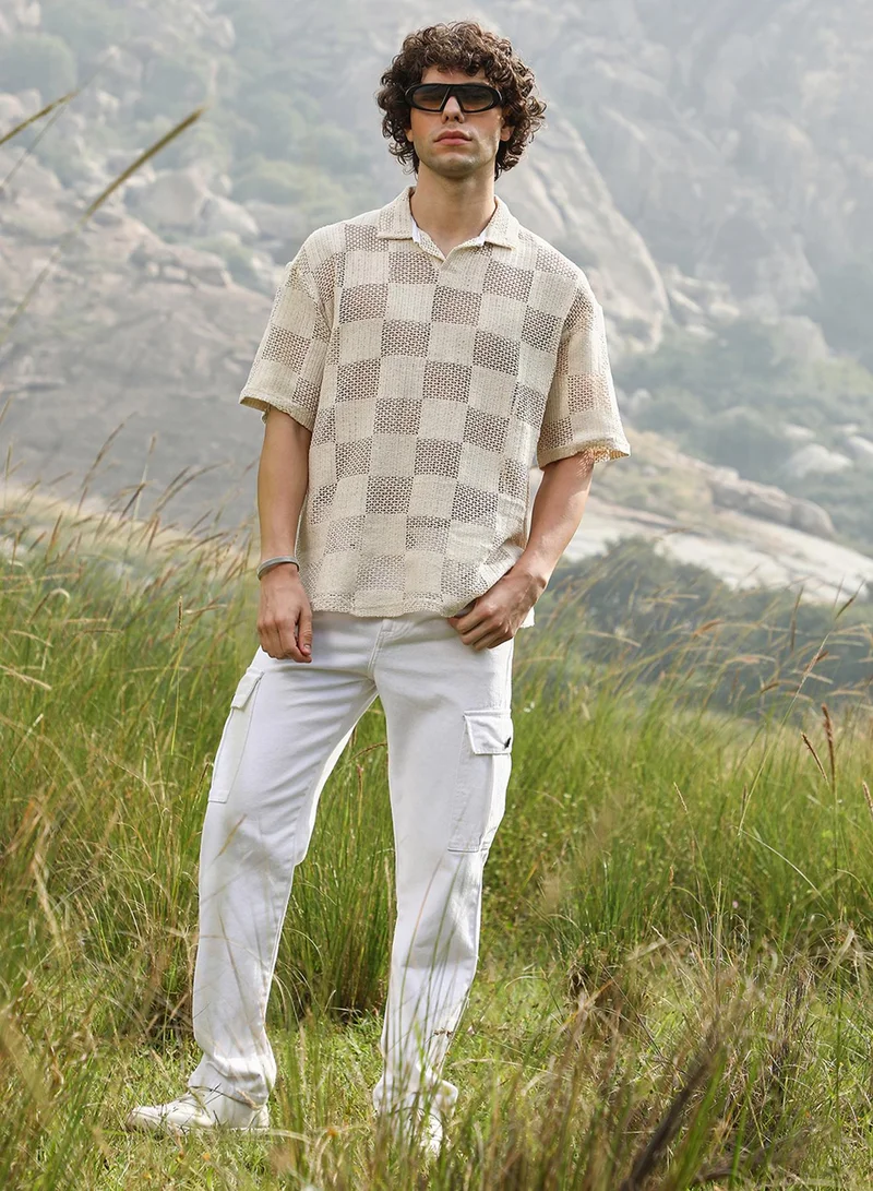 Campus Sutra Men's Off-White Grid Oversized Polo T-Shirt