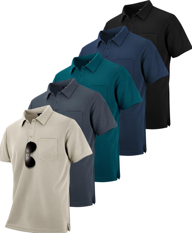 ZITY 5 Pack Polo Shirts for Men with Pocket Dry Quickly Short Sleeve Athletic Outdoor Work Collared Shirts 2XL - Image 1