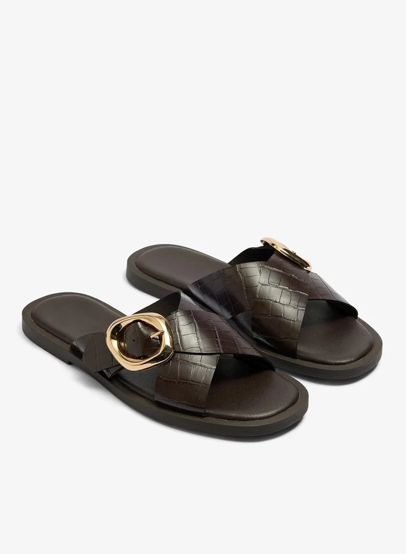 ماتلان Chocolate Brown Cross Strap Buckle Sliders