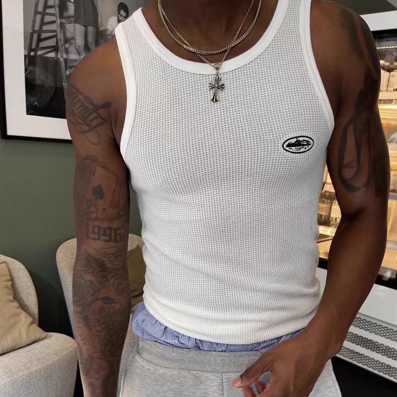Cz Heavyweight American Heavy Industry Embroidered Threaded Knitted Vest Men'S Slim Sports Fitness Top Trendy - Image 3