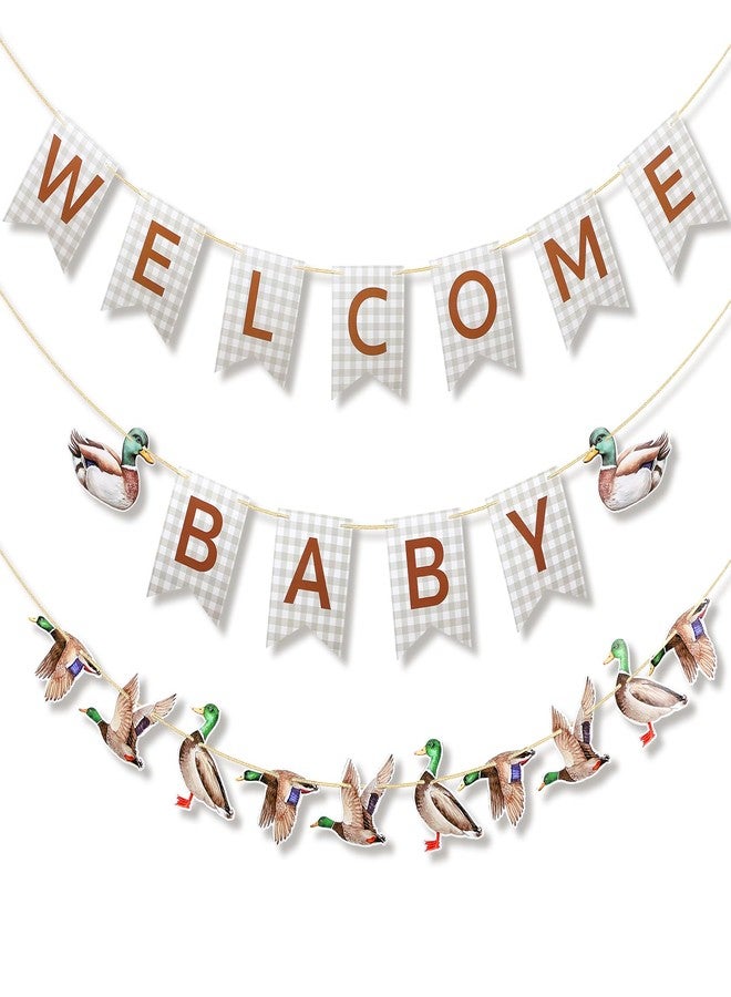 Weekgrat مجموعة زينة حفلات استقبال المولود الجديد من ويكغرات، 3 قطع، لافتات بتصميم بط المَلَّارد، لوازم حفلات استقبال المولود الجديد، لافتات بلون أخضر فاتح بنقشة مربعات، إكليل زينة للأولاد لحفلات الكشف عن جنس المولود والاحتفال بالحمل - Image 1