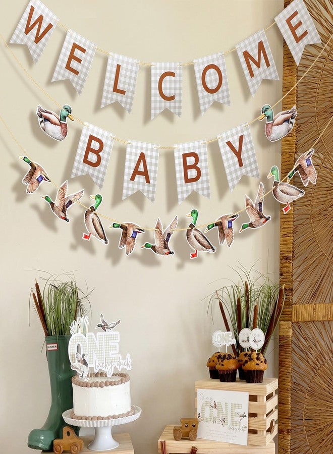 Weekgrat مجموعة زينة حفلات استقبال المولود الجديد من ويكغرات، 3 قطع، لافتات بتصميم بط المَلَّارد، لوازم حفلات استقبال المولود الجديد، لافتات بلون أخضر فاتح بنقشة مربعات، إكليل زينة للأولاد لحفلات الكشف عن جنس المولود والاحتفال بالحمل - Image 3