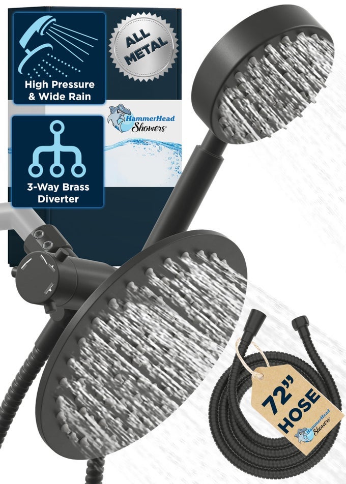SOLID METAL DUAL SHOWER HEAD COMBO MATTE BLACK 8 INCH RAINFALL HIGH FLOW SHOWER HEAD HANDHELD SHOWER HEAD HIGH PRESSURE WITH HOSE 6FT HOTELLIKE DOUBLE SHOWER HEADS
