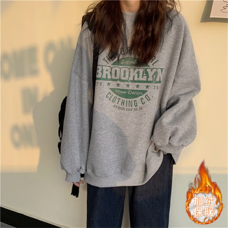 Fleece-lined sweater womens winter hooded coat ins Harajuku style loose student top couple wear casual T-shirt womens clothing 30 light gray fleece-lined