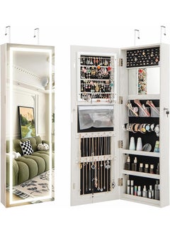 Generic LED Mirror Jewelry Cabinet with 3 Colored Light, Wall/Door Mounted Wooden Jewelry Armoire, 47-Inch Full Length Lighted Mirror with Storage, Lockable Jewelry Organizer for Bedroom  - Image 1