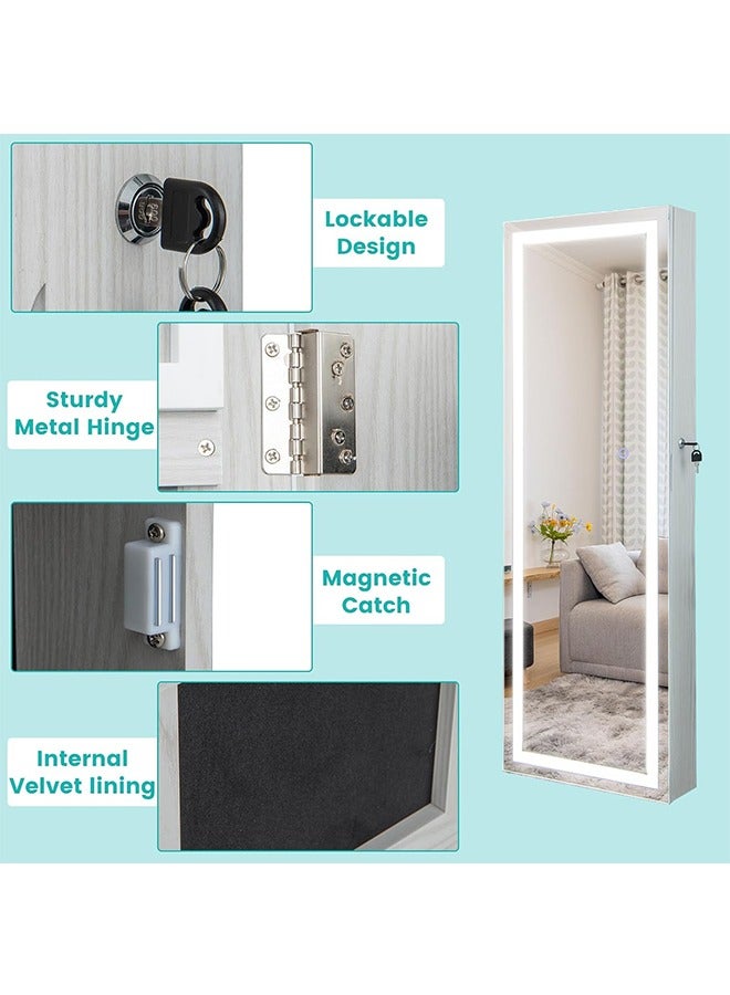 LED Mirror Jewelry Cabinet with 3 Colored Light, Wall/Door Mounted Wooden Jewelry Armoire, 47-Inch Full Length Lighted Mirror with Storage, Lockable Jewelry Organizer for Bedroom