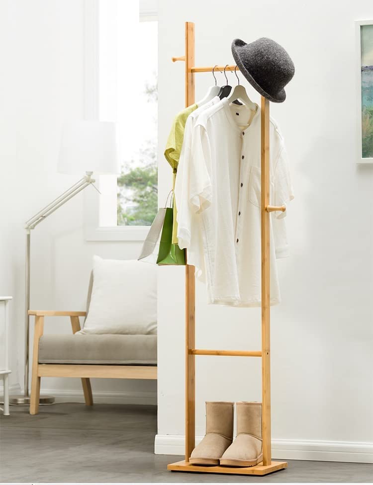 ginoya brothers Ginoya brothers Sturdy Coat Rack with Hooks Free Standing Wooden Coat Purse Entryway Coat Hanger Stand Easy Assembly Hallway Entryway Tree with Solid Base for Hat Clothes 923 Beige  - Image 1