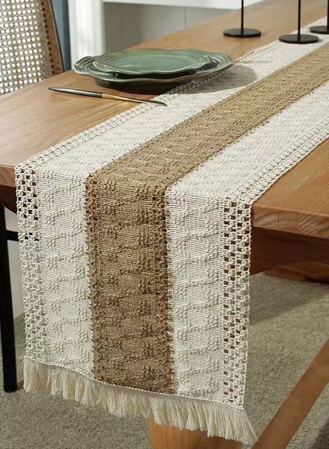 Kutis 1-Piece Cotton Linen Runner Splicing Weave Tassel The Tablecloth 180 x 35 cm  - Image 5