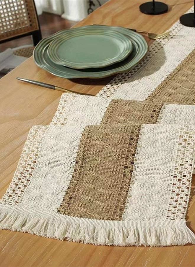 Kutis 1-Piece Cotton Linen Runner Splicing Weave Tassel The Tablecloth 180 x 35 cm  - Image 4