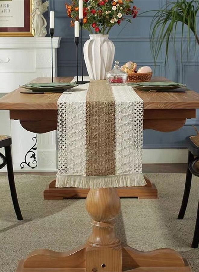 Kutis 1-Piece Cotton Linen Runner Splicing Weave Tassel The Tablecloth 180 x 35 cm  - Image 1