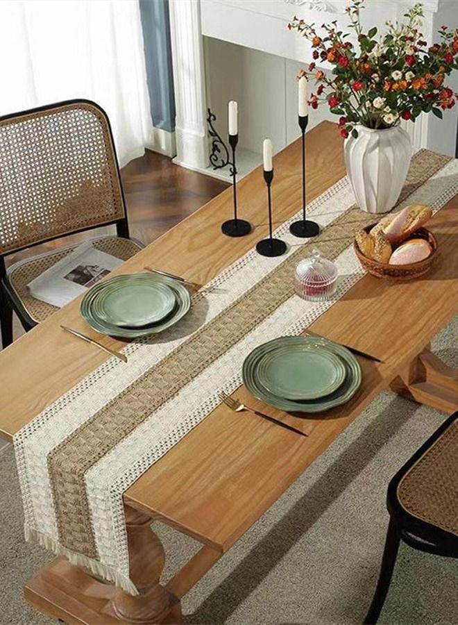 Kutis 1-Piece Cotton Linen Runner Splicing Weave Tassel The Tablecloth 180 x 35 cm  - Image 2
