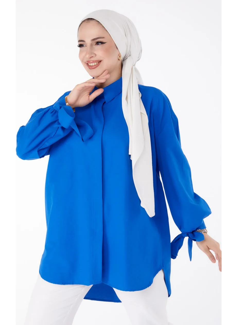 Tofisa Plain Shirt Collar Women's Blue Tunic - 10811