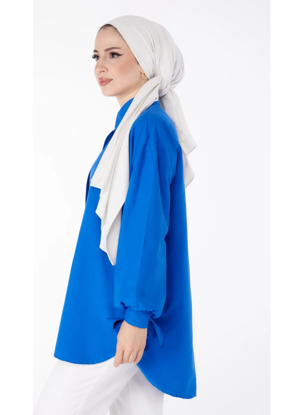 Tofisa Plain Shirt Collar Women's Blue Tunic - 10811