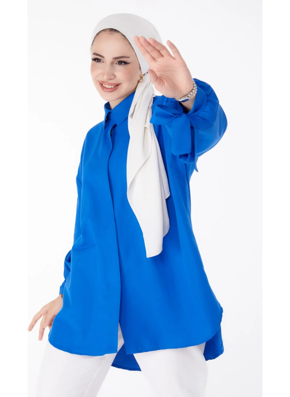 Tofisa Plain Shirt Collar Women's Blue Tunic - 10811