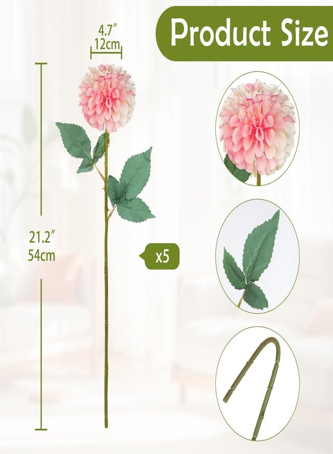 Hollyone 5PCS Artificial Dahlia Flowers Large 21.2" Fake Silk Flowers Pink Real Looking Dahlia with Long Stems for DIY Wedding Bouquets Centerpieces Arrangements Bridal Shower Party Home Decorations - Image 2