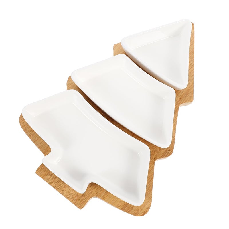 DOITOOL Christmas Serving Dish Ceramic Christmas Tree Platter with Wooden Base Xmas Serving Tray for Appetizer Candy Dessert Nuts Fruit Snack 106 x 75 Inch