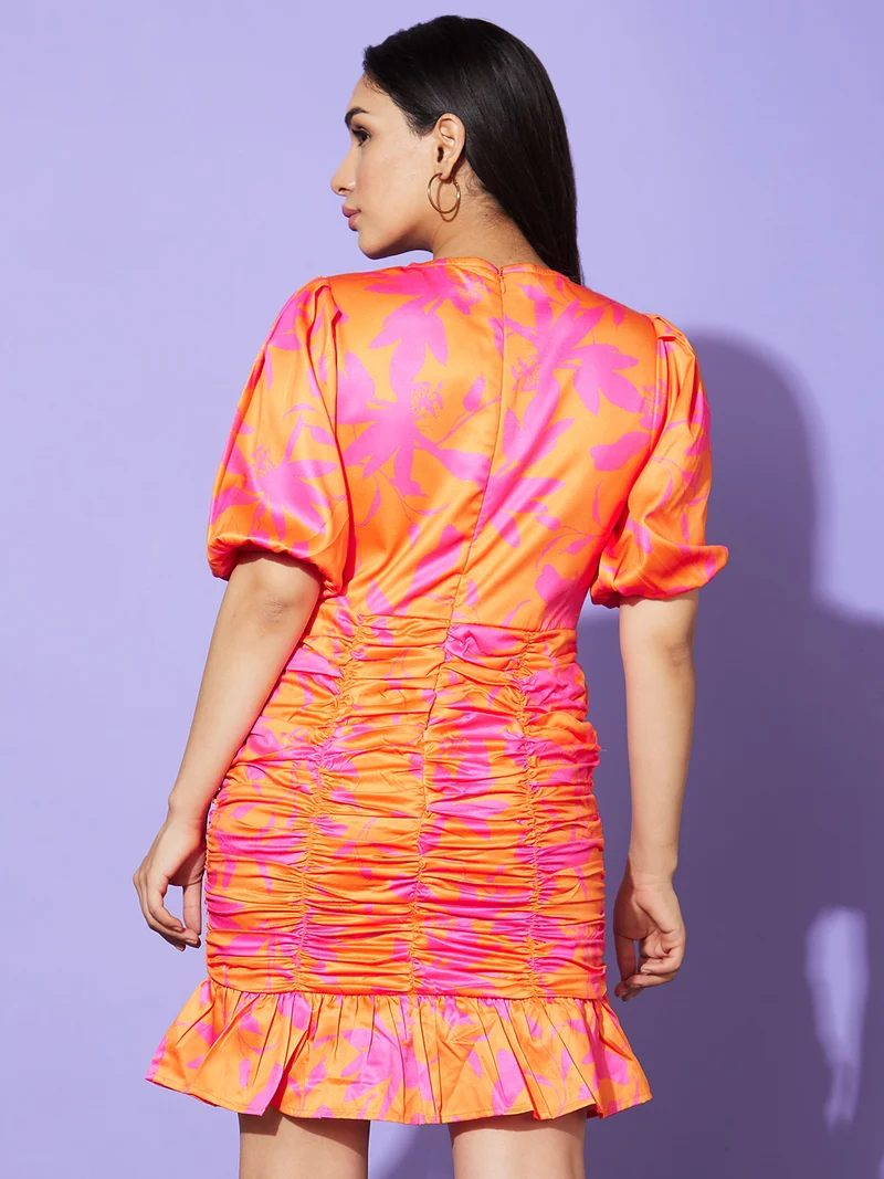 globus Women Orange & Pink Floral Print Puff Sleeve Cut Out Satin Sheath Dress