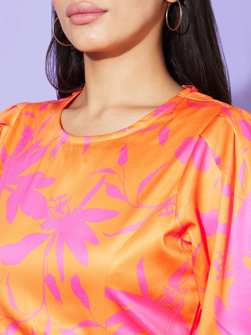 globus Women Orange & Pink Floral Print Puff Sleeve Cut Out Satin Sheath Dress