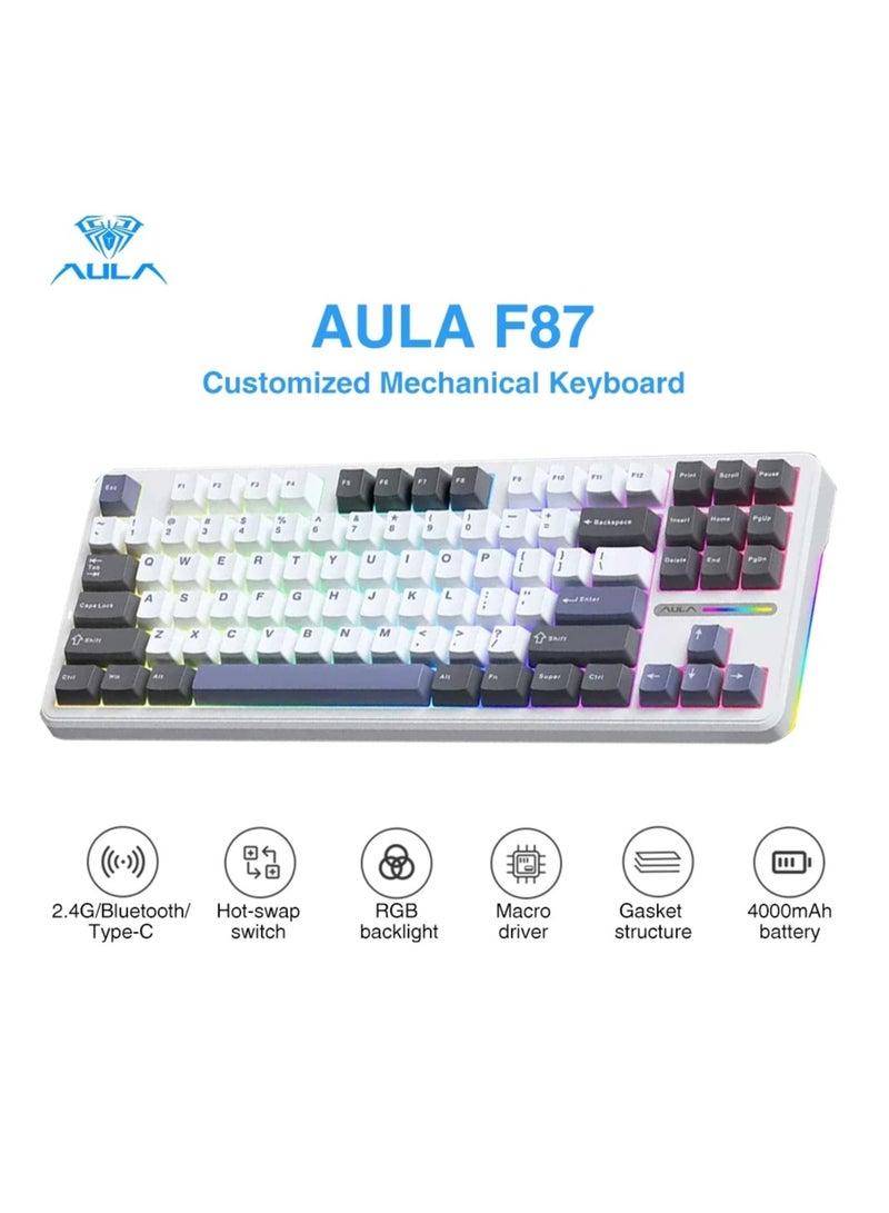 أولا اولا كيبورد ميكانيكي لاسلكي F87، كيبورد TKL مخصص 75% قابل للتبديل السريع، كيبورد العاب مع اغطية مفاتيح بي بي تي، مفاتيح غريوود مشحمة مسبقًا، 2.4GHz/USB-C/BT5.0، كيبورد ميكانيكية باضاءة خلفية RGB (سلكي، خشب رمادي أزرق V3) - Image 2