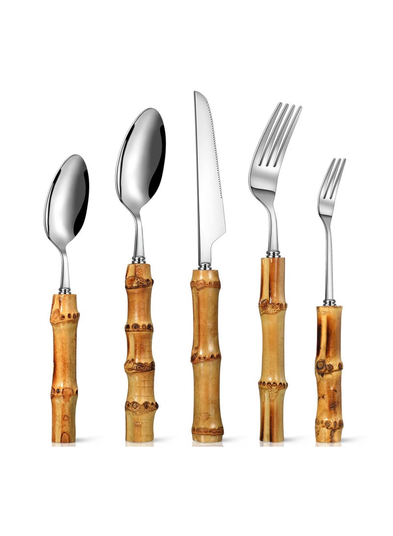 NIBEMINENT Bamboo Silverware Set Natural Flatware Hand Crafted Cutlery Utensils (5 sets, 20 Pieces, Silver) - Image 1