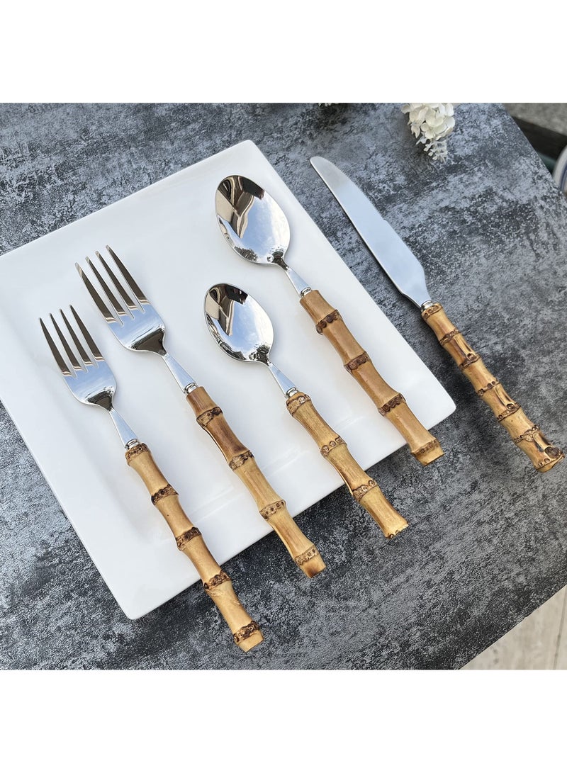 NIBEMINENT Bamboo Silverware Set Natural Flatware Hand Crafted Cutlery Utensils (5 sets, 20 Pieces, Silver) - Image 4