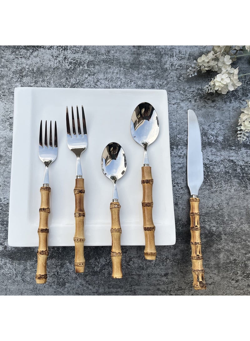NIBEMINENT Bamboo Silverware Set Natural Flatware Hand Crafted Cutlery Utensils (5 sets, 20 Pieces, Silver) - Image 3