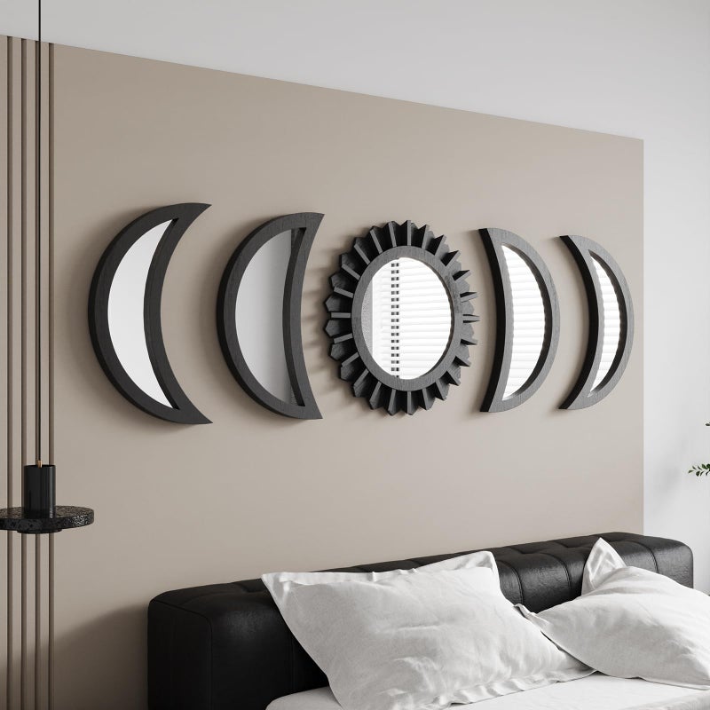 WAKOSAN Wall Mirror Moon Phase Mirror Set Wall Decor for Bedroom Bohemian 5PCS Wooden and Real Glass Mirror with Crystal Clear Reflection Boho Decor MultiAngle Installation Black - Image 2
