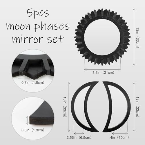 WAKOSAN Wall Mirror Moon Phase Mirror Set Wall Decor for Bedroom Bohemian 5PCS Wooden and Real Glass Mirror with Crystal Clear Reflection Boho Decor MultiAngle Installation Black - Image 3