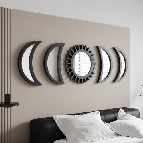 WAKOSAN Wall Mirror Moon Phase Mirror Set Wall Decor for Bedroom Bohemian 5PCS Wooden and Real Glass Mirror with Crystal Clear Reflection Boho Decor MultiAngle Installation Black - Image 1