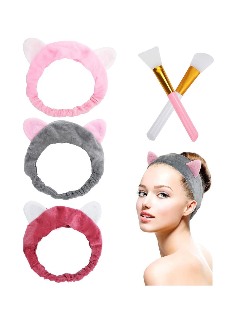 GGOOT Spa Headbands for Women, 3 Pack Fluffy Headband, With 2 Silicone Face Mask Brush, Coral Fleece Women & Girls' Head Band for Makeup, Shower, Sports - Image 1