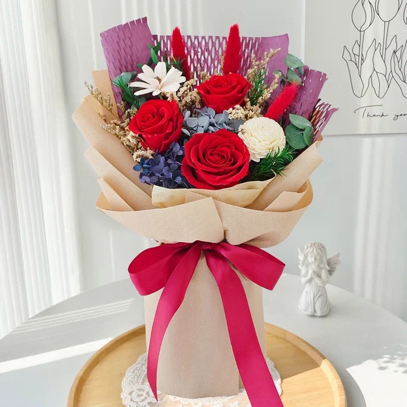 Bluejw Forever Roses Hydrangea & Dried Plants Bouquet - Purple Preserved Flower Eternal Rose for Wedding Decor, Valentine's Day Gift - Image 1
