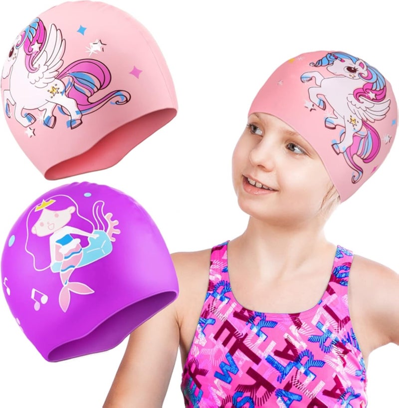 Geyoga 2 Pcs Swim Caps for Kids Girls Boys, Silicone Children Swim Cap Summer Waterproof Cartoon Hat Pool Bathing for Long and Short Hair(Pink Unicorn, Purple Mermaid)