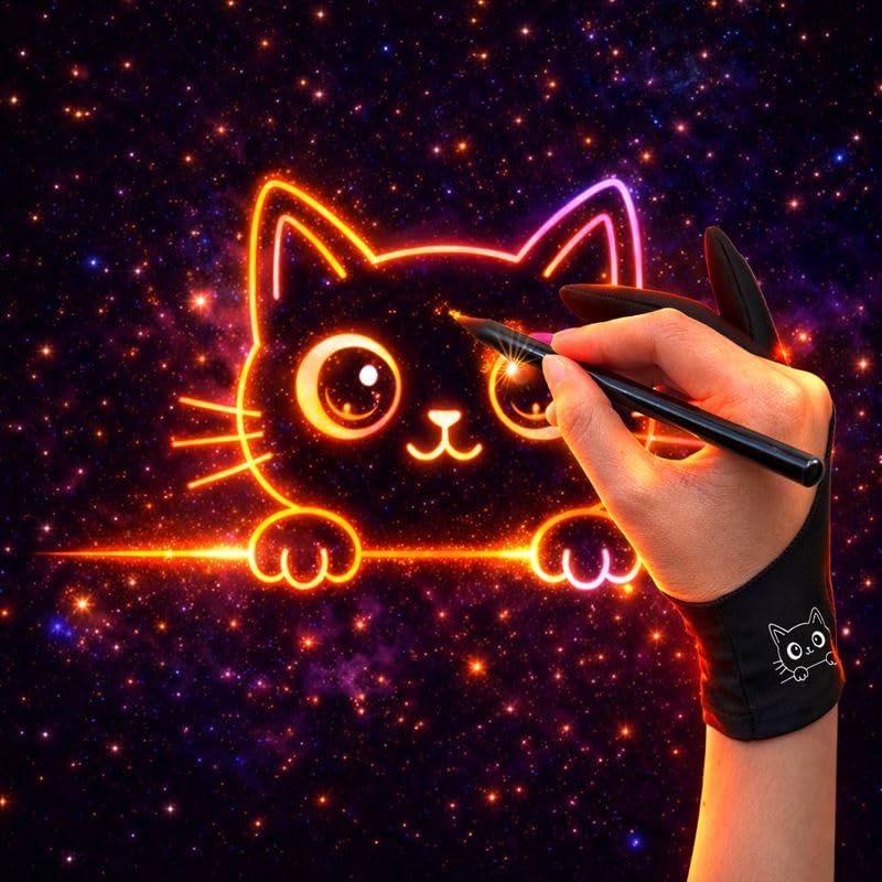 Kortimu Cute Kitty Digital Drawing Glove: 3-Layer Palm Rejection, Two-Finger Artist Glove for Drawing Tablet, iPad, Paper Sketching, Fits Left and Right Hand(2 Pack, Large) - Image 2