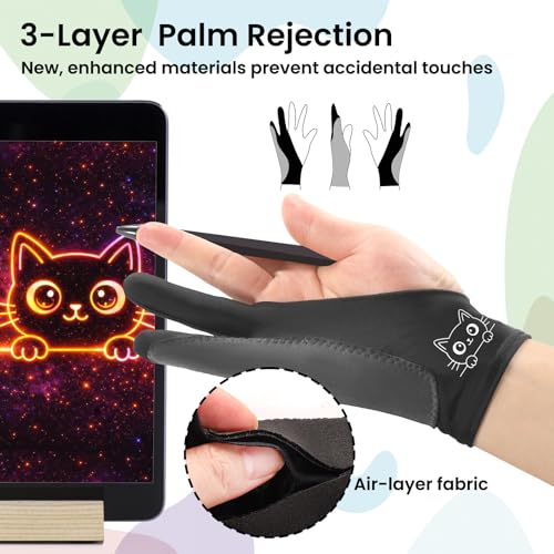 Kortimu Cute Kitty Digital Drawing Glove: 3-Layer Palm Rejection, Two-Finger Artist Glove for Drawing Tablet, iPad, Paper Sketching, Fits Left and Right Hand(2 Pack, Large) - Image 4