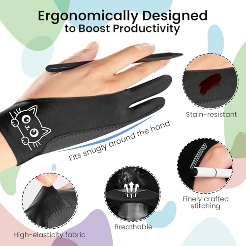 Kortimu Cute Kitty Digital Drawing Glove: 3-Layer Palm Rejection, Two-Finger Artist Glove for Drawing Tablet, iPad, Paper Sketching, Fits Left and Right Hand(2 Pack, Large) - Image 3