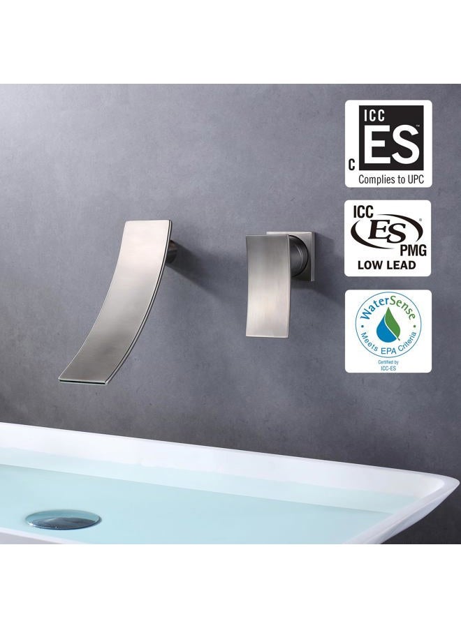 Sumerain Wall Mount Faucet Brushed Nickel,Single Handle Bathroom Sink Faucet with Waterfall Spout - Image 2
