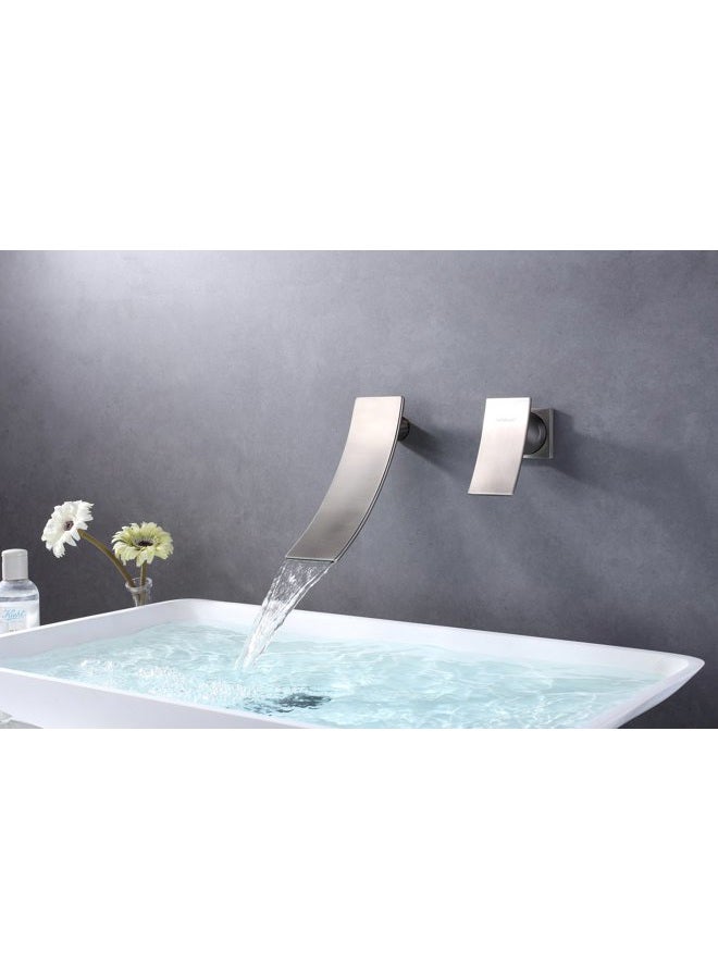 Sumerain Wall Mount Faucet Brushed Nickel,Single Handle Bathroom Sink Faucet with Waterfall Spout - Image 5