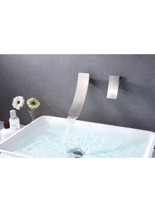 Sumerain Wall Mount Faucet Brushed Nickel,Single Handle Bathroom Sink Faucet with Waterfall Spout - Image 4