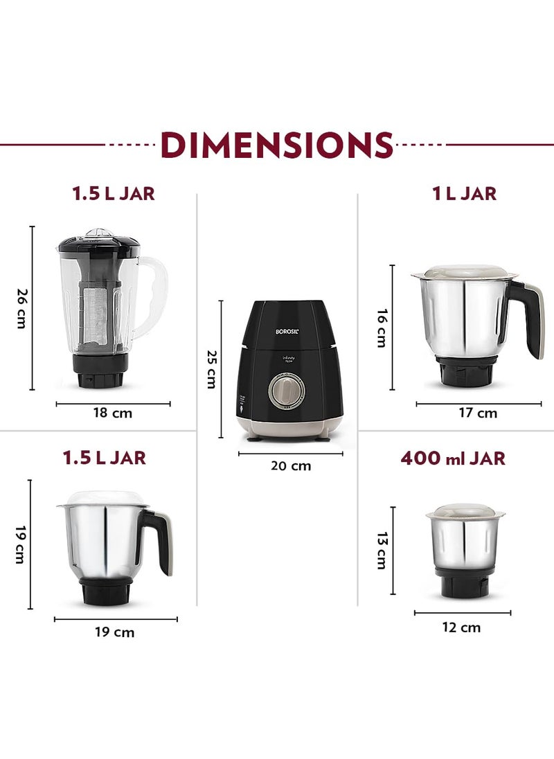 BOROSIL Borosil 750W Infinity Mixer Grinder with 4 Stainless Steel Jars 15L Jar with Fruit Filter 15L Blending Jar 1L DryWet Grinder Jar 400ml Chutnery Jar Kitchen Mixie 5 Years Warranty on Motor  - Image 2
