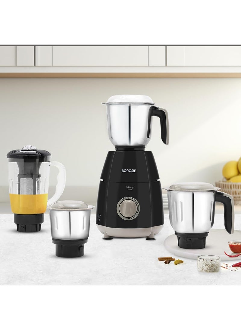BOROSIL Borosil 750W Infinity Mixer Grinder with 4 Stainless Steel Jars 15L Jar with Fruit Filter 15L Blending Jar 1L DryWet Grinder Jar 400ml Chutnery Jar Kitchen Mixie 5 Years Warranty on Motor  - Image 1