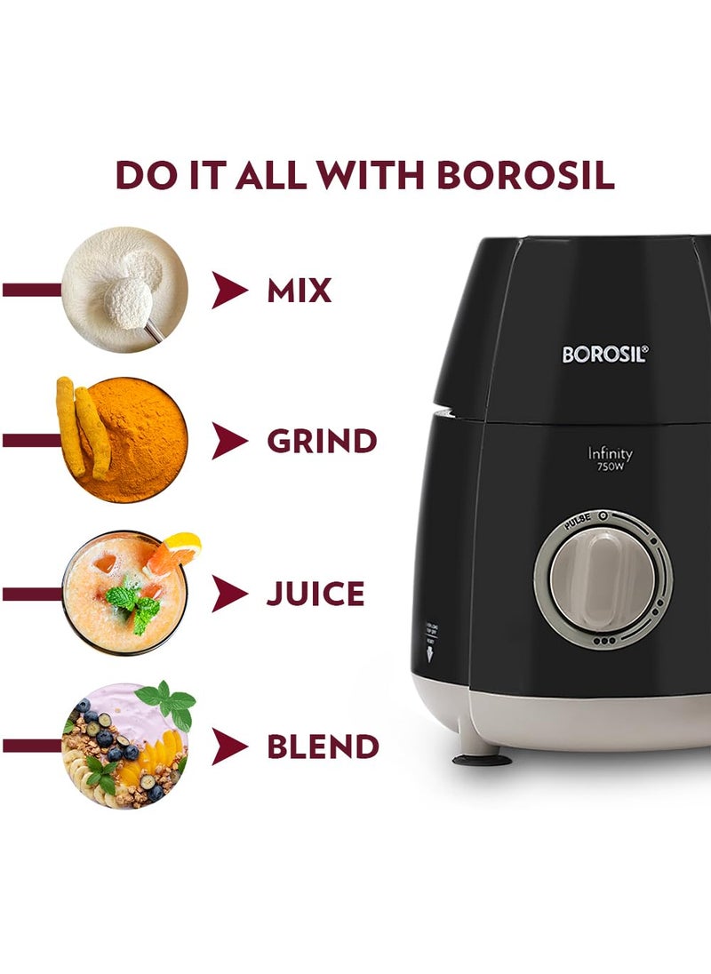 BOROSIL Borosil 750W Infinity Mixer Grinder with 4 Stainless Steel Jars 15L Jar with Fruit Filter 15L Blending Jar 1L DryWet Grinder Jar 400ml Chutnery Jar Kitchen Mixie 5 Years Warranty on Motor  - Image 3