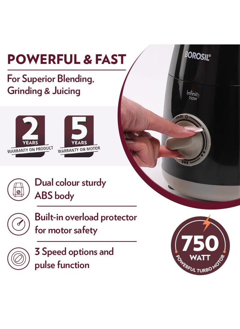 BOROSIL Borosil 750W Infinity Mixer Grinder with 4 Stainless Steel Jars 15L Jar with Fruit Filter 15L Blending Jar 1L DryWet Grinder Jar 400ml Chutnery Jar Kitchen Mixie 5 Years Warranty on Motor  - Image 4