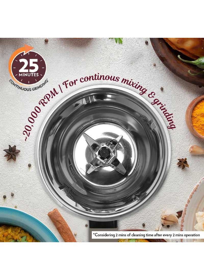 BOROSIL Borosil 750W Infinity Mixer Grinder with 4 Stainless Steel Jars 15L Jar with Fruit Filter 15L Blending Jar 1L DryWet Grinder Jar 400ml Chutnery Jar Kitchen Mixie 5 Years Warranty on Motor  - Image 5