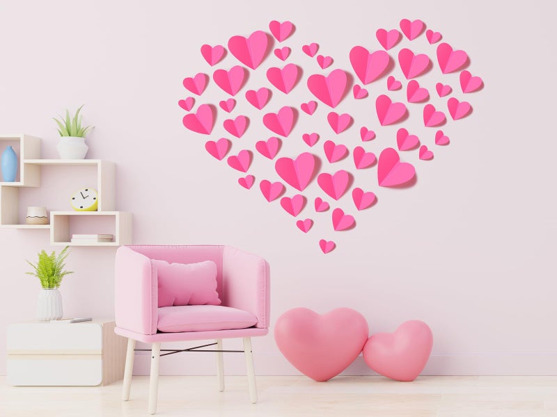 YOTNUS 60 Pcs Valentines-Day-Wall-Decorations, 3D Heart Valentine Wall Stickers, Waterproof Wall Decals, for Wedding Anniversary Party Bedroom Home Office School Decor, 4 Different Sizes Pink - Image 4