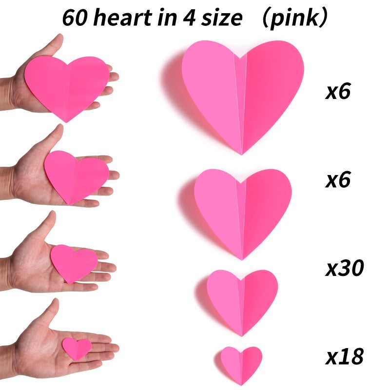 YOTNUS 60 Pcs Valentines-Day-Wall-Decorations, 3D Heart Valentine Wall Stickers, Waterproof Wall Decals, for Wedding Anniversary Party Bedroom Home Office School Decor, 4 Different Sizes Pink - Image 2